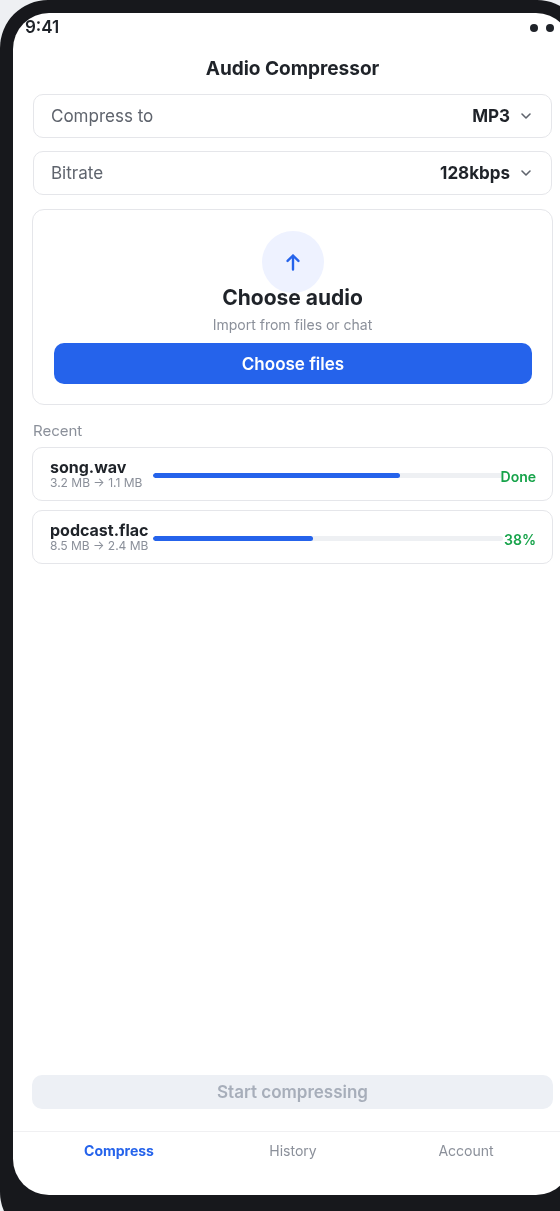 Audio Compressor mobile app interface on Android